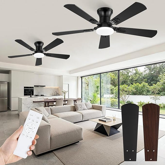 Fanbulous 42 Inch Ceiling Fans with Lights and Remote, Low Profile Indoor Black Ceiling Fan with 6 Speeds & 3CCT, Flush Mount, Dual-Finish 5 Blades,Quiet DC Motor for Living Room Bedroom(2 Pack)