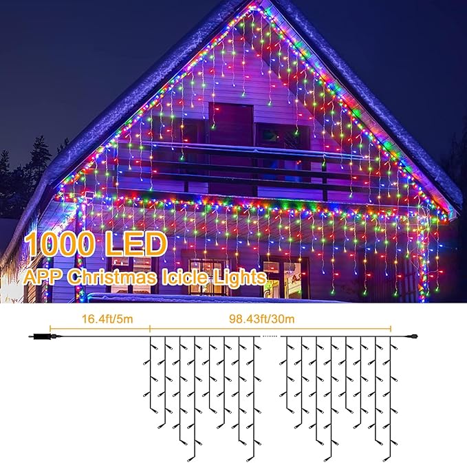 Color Changing Icicle Lights for Outside,115ft 1000 LEDs Christmas Light,APP Control,Music Sync,Waterproof LED Icicle Lights for Eaves Yard House Holiday Christmas Decoration,Warm White & Color
