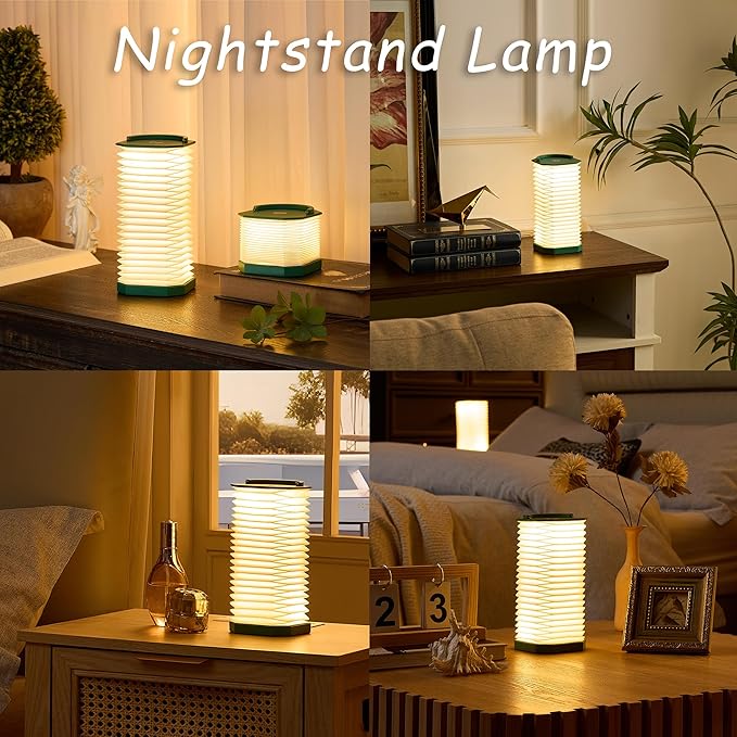Paper Lamp House Warming Gifts, Portable Cordless Foldable Small Bedside Lamp, Retro Green Accordion Desk Lamp, Paper Lantern Lights 1200mAh, Japanese Gifts Collapsible Pleated Wireless lamp