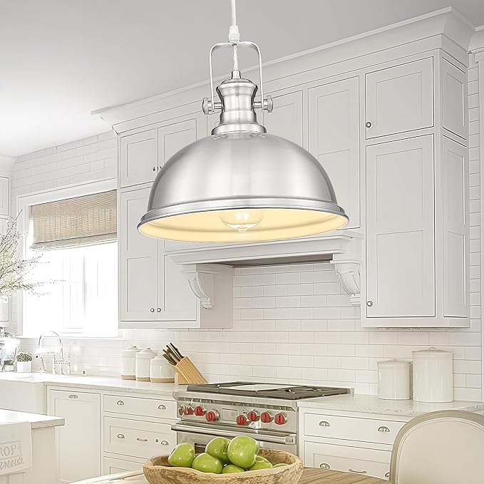 Pendant Lights Kitchen Island, Farmhouse Hanging Lights Fixtures with Metal Shade, Rustic Kitchen Pendant Lighting Over Island for Dining Room, Brushed Nickel, AD-2151-1PL-SN