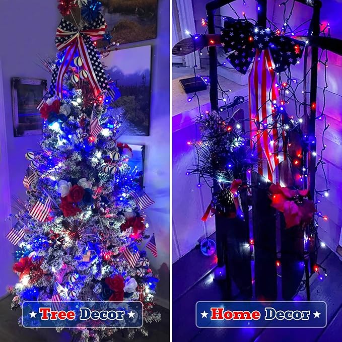 JMEXSUSS 2 Pack Solar String Lights Outdoor Waterproof, Total 400 LED 151FT Solar Christmas Lights Outdoor, 8 Modes Christmas Light for Outside Patio Yard Tree Decorations, Red White and Blue