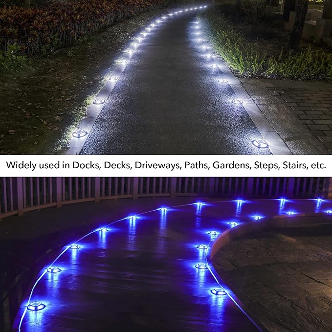 AGPTEK Solar Driveway Lights Outdoor 16 Pack, 2 Color Modes LED Deck Dock Marine Waterproof Security Marker Lights for Step Sidewalk Stair Garden Pathway Walkway Yard(Blue Light/Cool White)