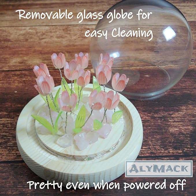Tulip Lamp Glass Globe - Illuminated Flower Lamp with Glowing Blooms on Wooden Base - Battery-Powered Decorative Night Light for Bedroom, Living Room & Home Decor