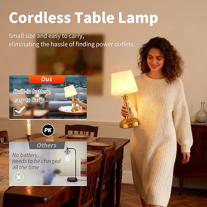 Mr.White Rechargeable Cordless Table Lamp with Fabric Shade, 5200mAh Battery Operated LED Table Light, for Restaurant Kitchen Patio Dinner Dining (Bronze)
