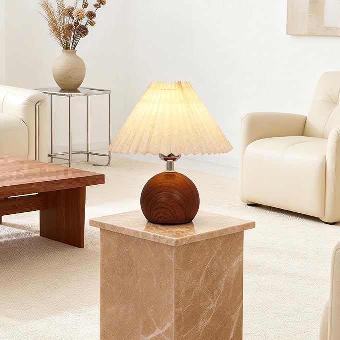 Small Pleated Table Lamp, Modern Bedside Nightstand Lamp with Pleated Shade, Cute LED Table Lamp for Bedroom, Mid-Century Night Light with Pleated Linen Shade(E26 Bulb Included)
