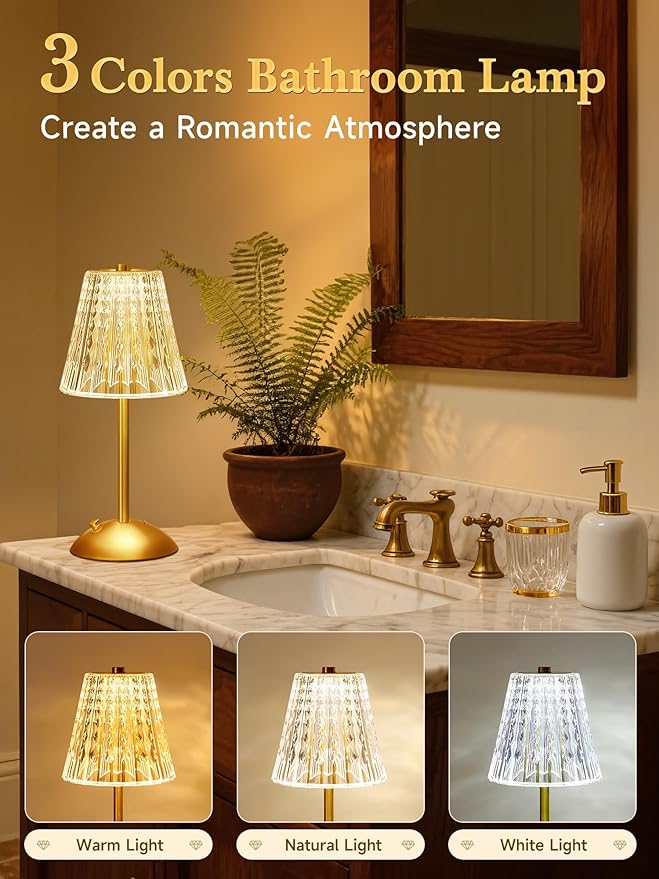 Upgraded Nightstand Lamps Set of 2, 3 Colors Dimmable Crystal Table Lamp Gold Lamp, Touch Lamp Bedroom Lamps, Rechargeable Small Lamp, Bedside Lamps Set of 2 for Bedroom Living Room Bathroom Hotel Bar