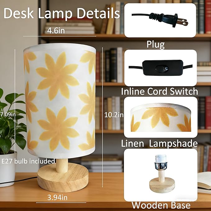 Small Bedside Night Table Lamp∣Inline Control & 3 Brightness Levels∣Yellow Flower-Patterned Shade Bedside Lamp for Bedroom,Living Room,Study,Dorm,Home Office,Baby Room & Kitchen