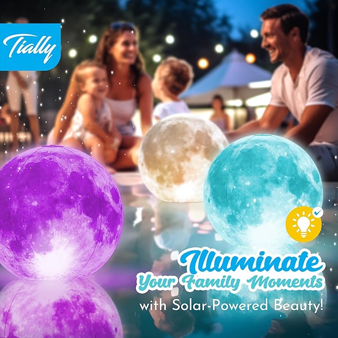 TIALLY Floating Pool Lights Solar Powered - 16" Full Moon Inflatable Light Up Pool Balls, Solar Globes That Float for Outdoor Decor, Glow in The Dark Party Decorations - Great Holiday Gifts (2 Pack)