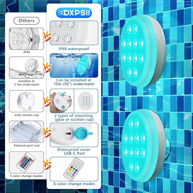 Pool Lights, Upgraded Rechargeable Submersible LED Lights with Remote, IP68 Waterproof 16 Color Floating Light with Magnet, Pool Light for Above Ground Inground Pools,Hot Tub, Bath 4 Pack