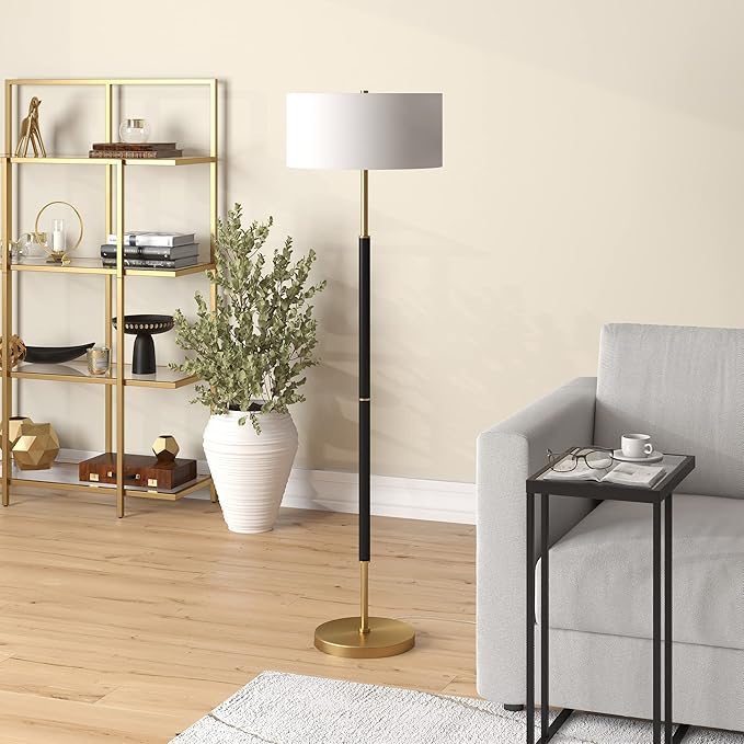 Henn&Hart 2-Light Floor Lamp with Fabric Shade in Matte Black/Brass/White, Floor Lamp for Home Office, Bedroom, Living Room, 61" Tall