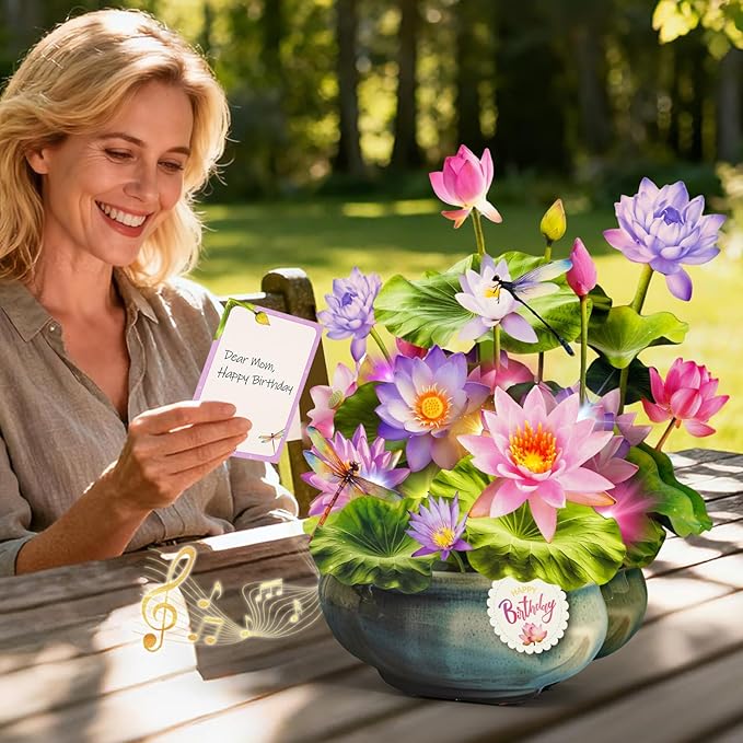 Birthday Cards with MUSIC & LIGHTS, Pop Up Happy Birthday Card, Water Lily & Dragonfly, 10 Inch Life Sized Forever Flower Bouquet Gifts for Women Mom Grandma