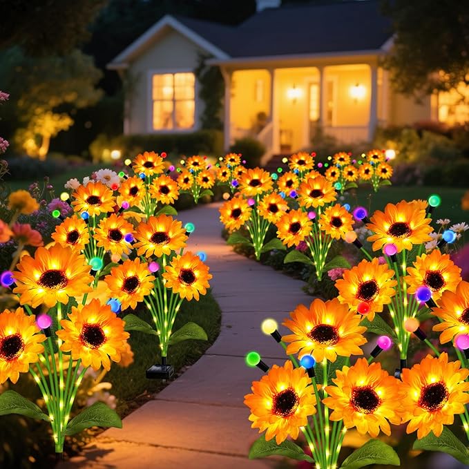 Solar Garden Lights-2 Pack Solar Sunflowers with Multicolor Changing Swaying Firefly Lights,Gifts for Mom Women Mothers Day Birthday,Waterproof Firefly Sunflower Light for Outdoor Patio Yard Decor
