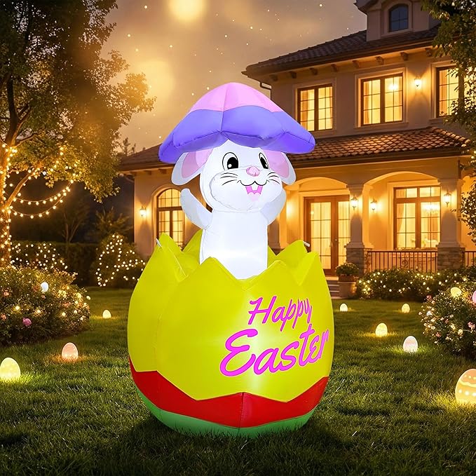 Joliyoou 5FT H Easter Inflatable Outdoor Decoration, Air-Blown Bunny in Egg with Shell on Head, Blow Up Rabbit with Built-in LED Lights for Lawn Yard Garden Holiday Party Indoor Outdoor Decor