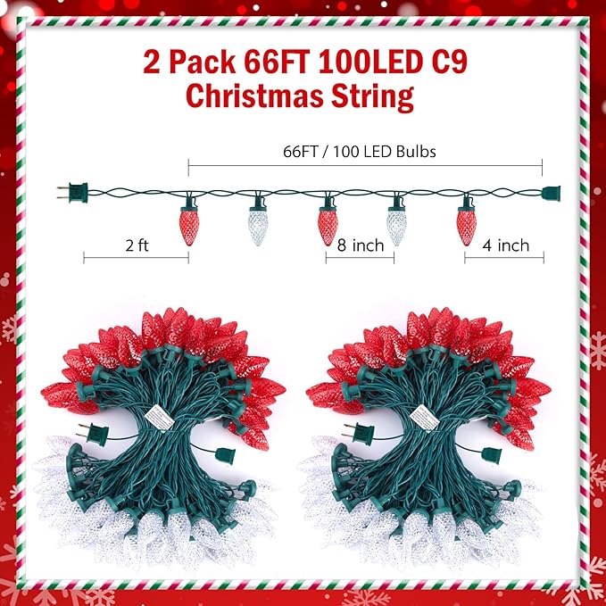 Brightown C9 LED Christmas String Lights, 2 Pack Total 132ft 200LED Outdoor Lights String, Plug-in Connectable Waterproof Roofline Lights String for Outside Yard Christmas Holiday Decor, Red and White