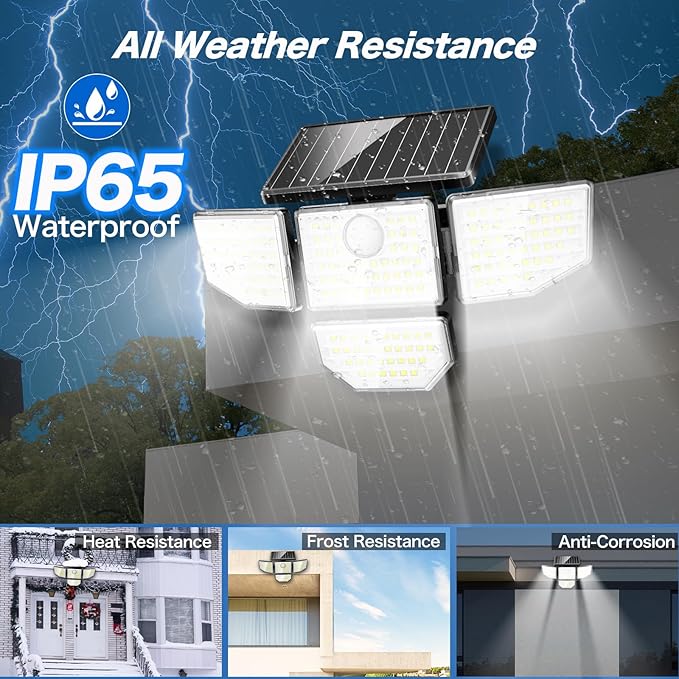 3000LM Outdoor Solar Light - Upgrade 4 Heads 188 LED Solar Motion Sensor Outdoor Lights, IP65 Waterproof Powered Light for Home Darkroom Backyard, 4 Pack
