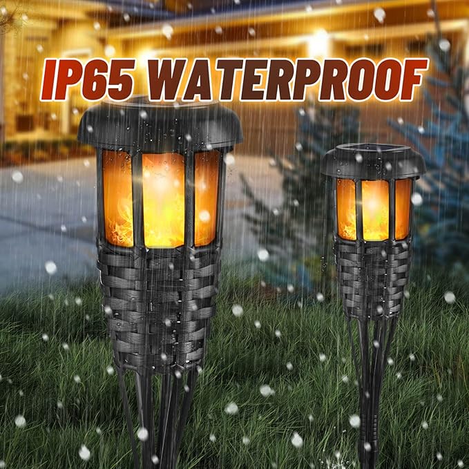 Flickering Flames Torch Solar Lights Handmade Bamboo Outside Flame Lighting Waterproof for Path, Garden, Outdoor Decoration