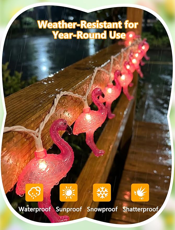 8.5Ft Pink Flamingo String Lights, Summer Tropical Themed Decorations String Lights with 10 Plastic Bulbs, Hanging Spring Camping Lights for Indoor Outdoor Patio Party Birthday Wedding Holiday Decor