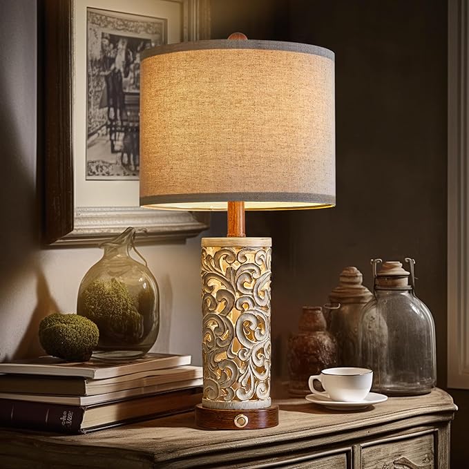 OYEARS 3-Way Dimmable 22'' USB A+C Touch Control Table Lamp with Nightlight for Living Room Bedroom Farmhouse Bedside Nightstand Lamps (Brown Bulb Included