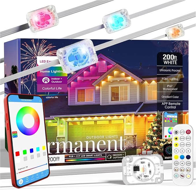 Permanent Outdoor Lights, 200FT RGB+IC Smart LED Outdoor Lights with App/Remote Control, DIY Scene Modes Lighting & IP67 Waterproof, Eaves Light for Christmas, Holiday, Daily Decorations