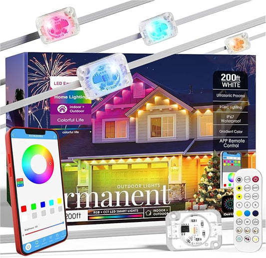 Permanent Outdoor Lights, 200FT RGB+IC Smart LED Outdoor Lights with App/Remote Control, DIY Scene Modes Lighting & IP67 Waterproof, Eaves Light for Christmas, Holiday, Daily Decorations