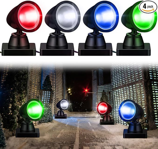 Kingdder 4 in 1 Accessories for Villages Building Light Christmas Village Collection Round Spotlights Battery Operated LED Light with Switch for Christmas Landscape(Multicolored,4 Pcs)