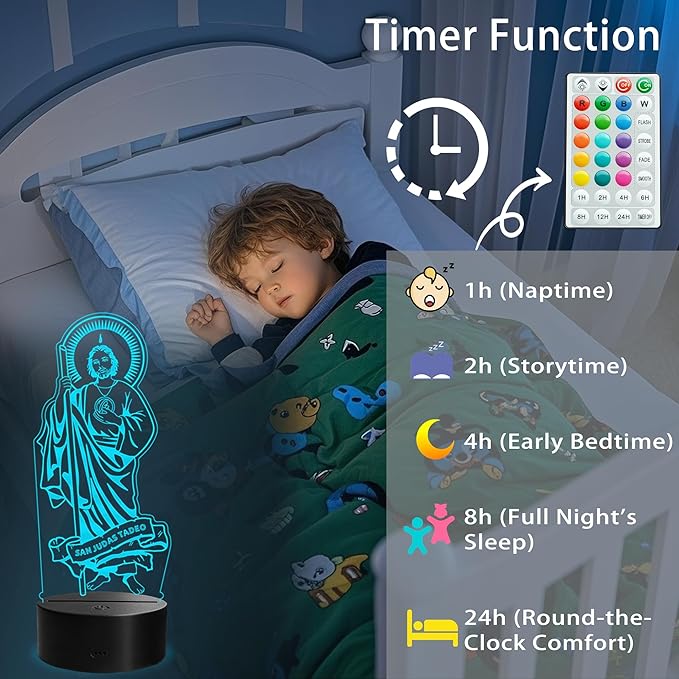 San Judas Tadeo Night Light, Judas Tadeo Decor, 3D Illusion Lamp with Remote Control, 16 RGB Colors, 4 Flashing Modes, Timer, Kids Room Decor