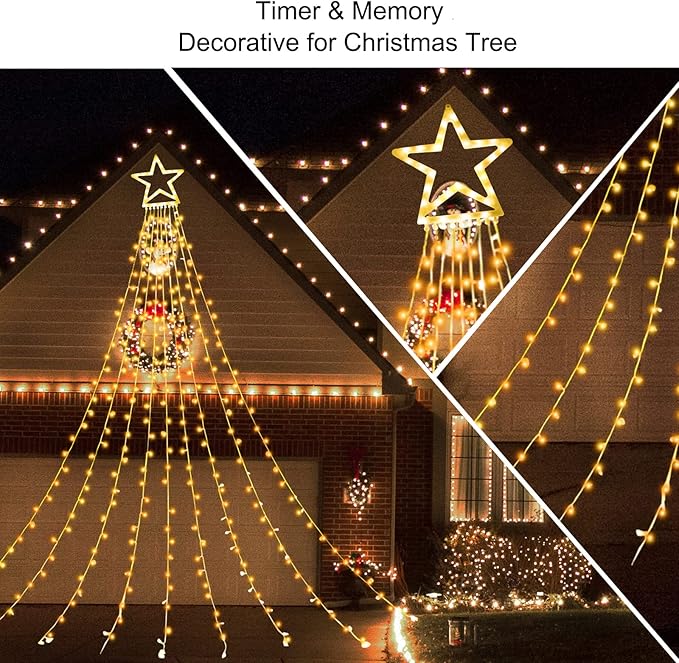 ZTX Christmas Star String Lights,11 Lighting Modes Christmas Decorations Clearance Outdoor 11Ft Waterfall Christmas Tree Lights for Christmas,New Year,Birthday(Warm White)