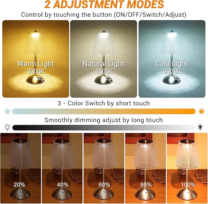 Cordless Table Lamp, 4000mAh Rechargeable Battery Operated Lamp, 3 Way Modes & Stepless Dimmable LED Touch Lamp, Portable Retro Metal Beside Lamps for Desk Bedroom Restaurant(Silver Nickel)