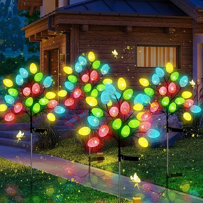 4 Pack 80 LED Easter Eggs Lights Solar Powered Outdoor Decorations Waterproof Colorful Solar Stake Lights for Lawn Pathway Landscape Garden Yard Porch Patio Decor(Easter Eggs)