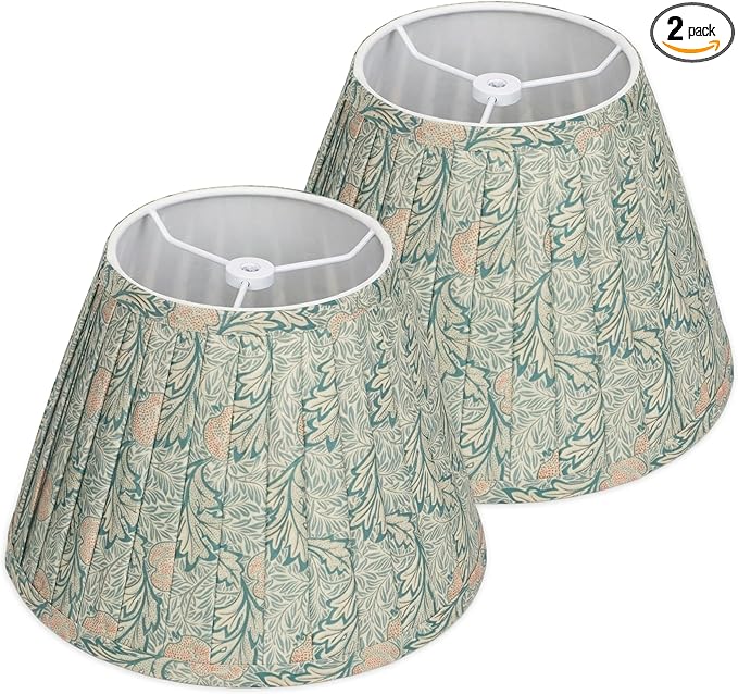 Sage Green Empire Pleated Lamp Shades Set of 2, 5" x 9" x 6.2" Small Vintage Leaves Print Fabric Lampshades for Table Lamps, Spider Fitter Replacement Lamp Shades, Assembly-Free