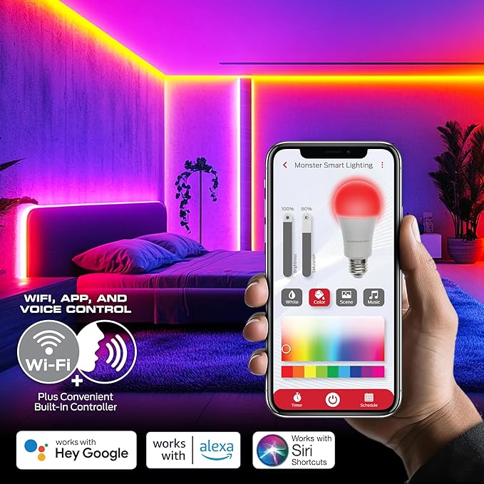Monster Smart RGB+IC LED Strip Lights – Sound Reactive Strip Lights for Bedroom, App & Voice Control, RGB Light Strip for Room, Alexa Google Home, Razer Chroma Sync (100ft)