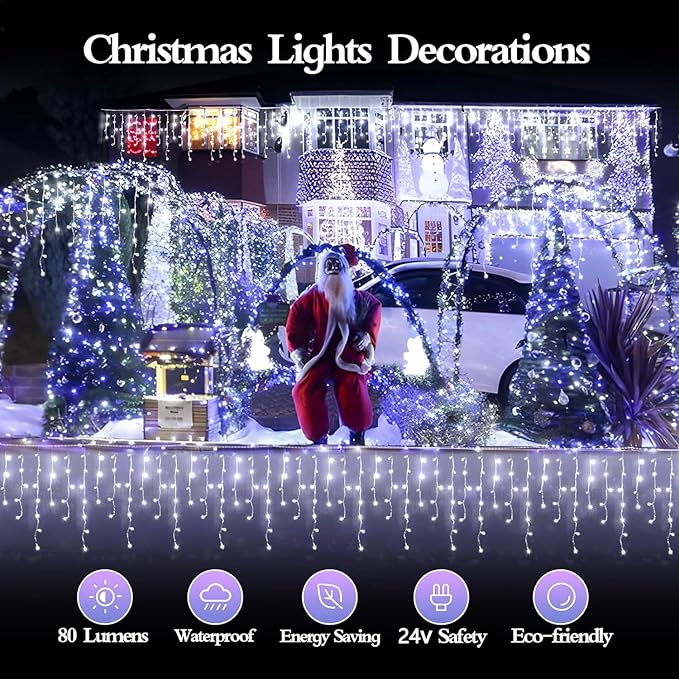 98FT 960 LED Christmas Lights, Waterproof 8 Modes Ice Lights for Outside with Memory and Timer Hanging Fairy Lights Plug-in Curtain String Lights for Holiday Party Wedding Home (Cool White)