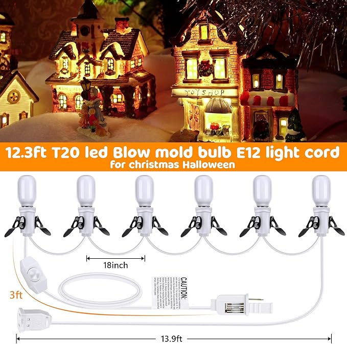 Meonum 2 Pack Accessory Cord with 6 LED Light Bulbs, 13.9ft End to End Connected Cool White Lights, Blow Mold Light Cord with Adjustable Brightness for Holiday Decoration, Christmas Village House