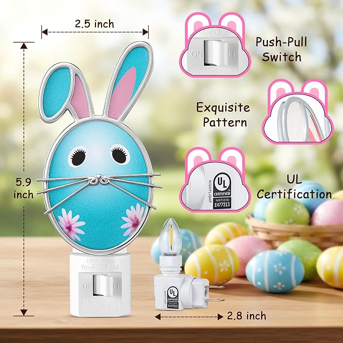 Easter Egg Night Light with Egg Design, Plug in Wall Light with Rotating Plug, Resin Easter Decoration for Bedroom, Bathroom, Hallway, Living Room, Includes C7 LED Bulb