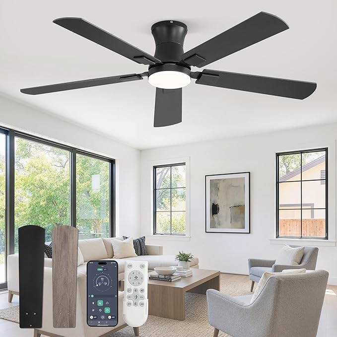 Fanbulous 52 inch ceiling fan with light, Low Profile Ceiling Fan with Light, App&Remote Control, Dimmable LED Light, Flush Mount Ceiling Fan for Indoor Bedroom Living Room, Qiuet DC Motor, Black