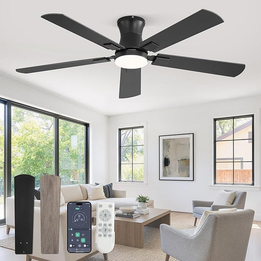Fanbulous 52 inch ceiling fan with light, Low Profile Ceiling Fan with Light, App&Remote Control, Dimmable LED Light, Flush Mount Ceiling Fan for Indoor Bedroom Living Room, Qiuet DC Motor, Black