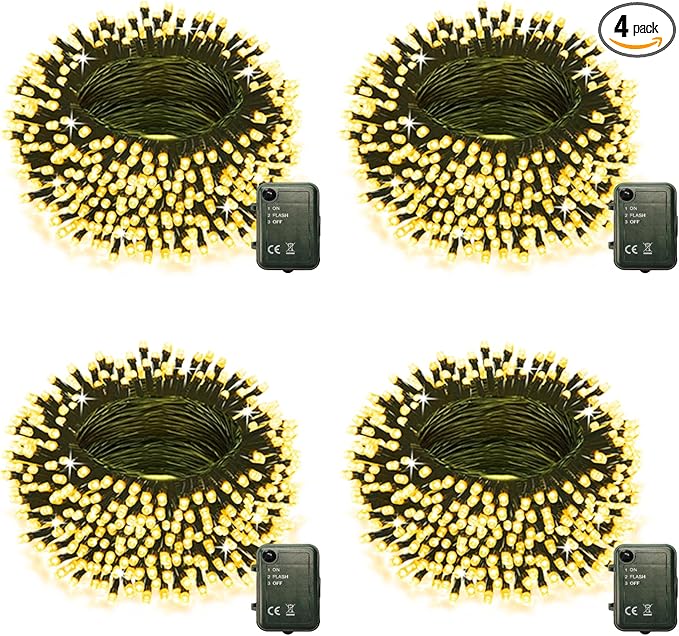Warm White Battery Powered String Lights, 4 Pack Total 66.6 FT 200 LED Christmas String Lights for Indoor Outdoor Decoration, Twinkle Fairy Light for Classroom Dorm Bedroom Xmas Tree Party Decoration
