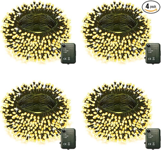 Warm White Battery Powered String Lights, 4 Pack Total 66.6 FT 200 LED Christmas String Lights for Indoor Outdoor Decoration, Twinkle Fairy Light for Classroom Dorm Bedroom Xmas Tree Party Decoration