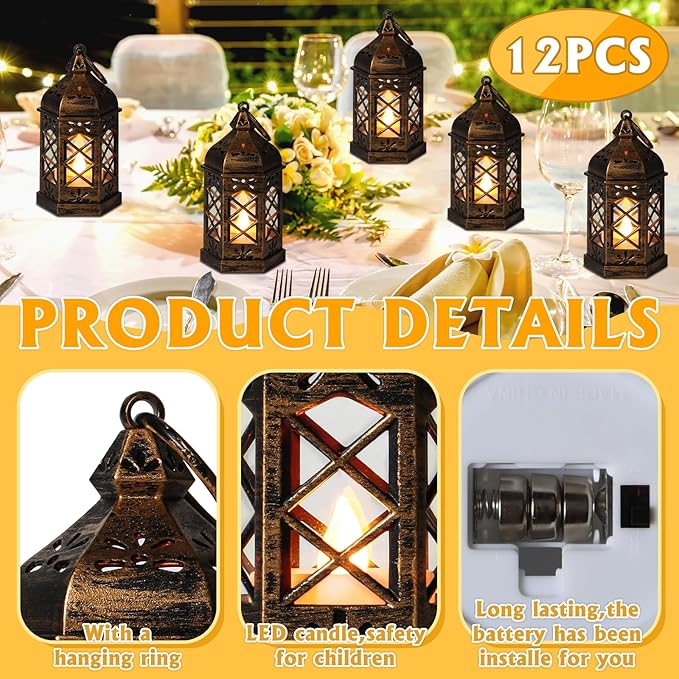 Mini Lantern Decorative, 12Pcs Small Lanterns with LED Candle, Ramadan Decorations, Hanging Vintage Moroccan Lantern Bulk for Easter Wedding Xmas Party Table Centerpiece, Brushed Brass