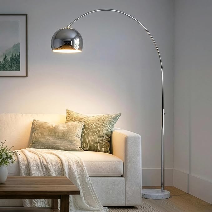 Brightech Olivia Floor Lamp - Chic Arc Lamp with Rounded Spolight Head and Marble Base for Living Room, Tall Standing Lamp with LED Light Bulb for Bedroom Reading, Boho Home Decor for Office - Chrome