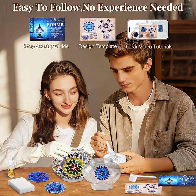 DIY Turkish Mosaic Lamp Kit, Stained Glass Table Lamp Making Kit- Easy and Fun, No Experience Needed, Mosaic Art & Craft Project Kits for Adults & Teens, Make Your Own Table Lamp, Multicolor