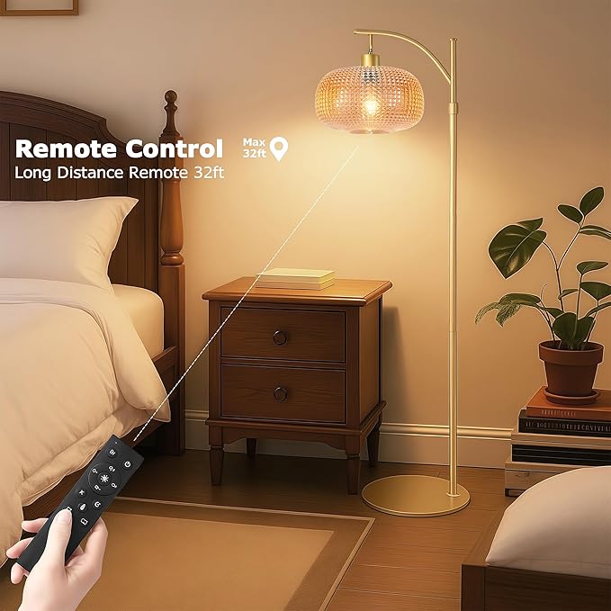 Glass Floor Lamp for Living Room with Amber Glass Lampshade, Dimmable Modern Standing Lamp with 12W LED Bulb, Remote Control Tall Lamp for Bedroom