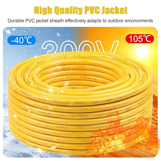 SJTW 12/3 Wire 50FT Heavy Duty Copper Wire, 12 Gauge 3 Conductor Outdoor Extension Power Cable for Battery, Automotive， Motor, Industrial