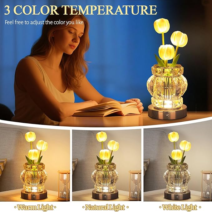 Tulip Table Lamp, Rechargeable Cordless Touch Dimming Artificial Tulip Flower Desk Lamp, LED Crystal Lamp Flower Bedside Night Light, Romantic Gifts for Girl Women Mom (White - Tulip)
