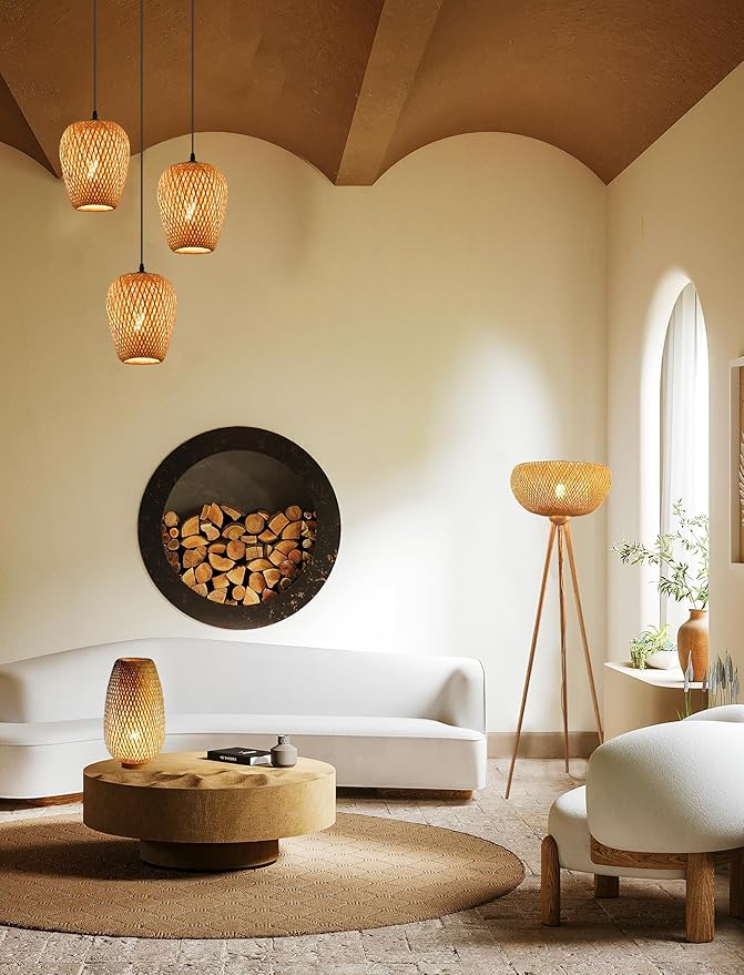 Wicker Pendant Lights Bamboo Pendants Light Boho Chandelier Rattan Pendant Wicker Light Fixture Woven Pendants Lights for Kitchen Island Living Room Dining Room (Bulb Incl.)