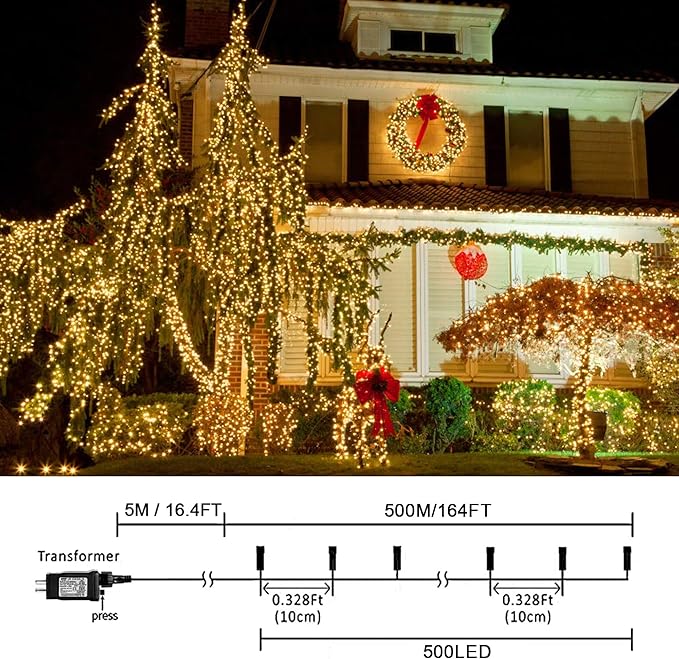 weillsnow 164 FT 500 LED Christmas Lights Outdoor, Waterproof Christmas Fairy Lights with Timer, Plug in Warm White LED String Lights with 8 Modes for Bedroom Wedding Party Xmas Decoration