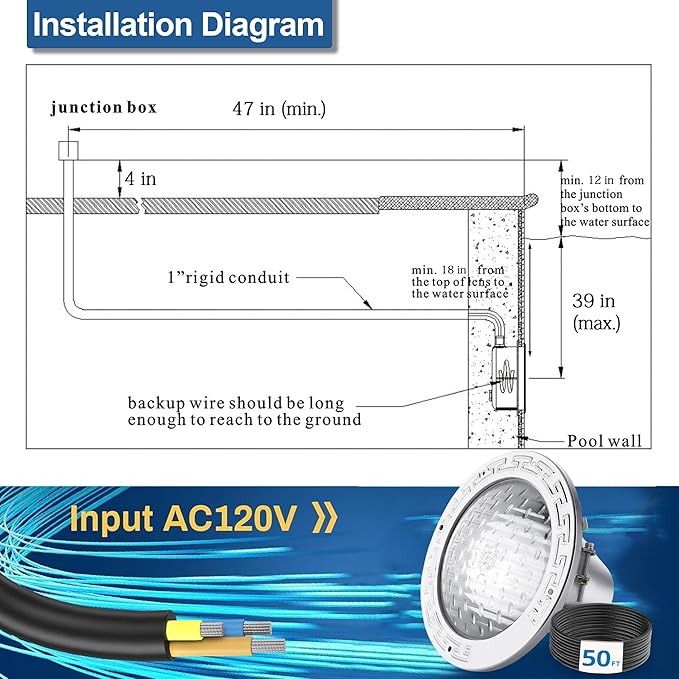 120V 10-Inch Waterproof Pool Light for Inground Pools – IP68 Rated, Includes 2 x 500W Incandescent Bulbs, 50ft Cord, Direct Replacement for Pentair Amerlite & Hayward AstroLite, Fits 10'' Pool Niche