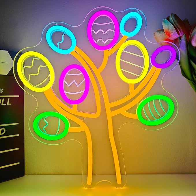 Easter Neon Sign for Wall Decor Easter Egg Tree Neon Light Egg Trees Led Sign Easter Decorations Dimmable Eggs Light Up Signs for Window Party Gifts Bedroom Holiday Spring Bar Home Business