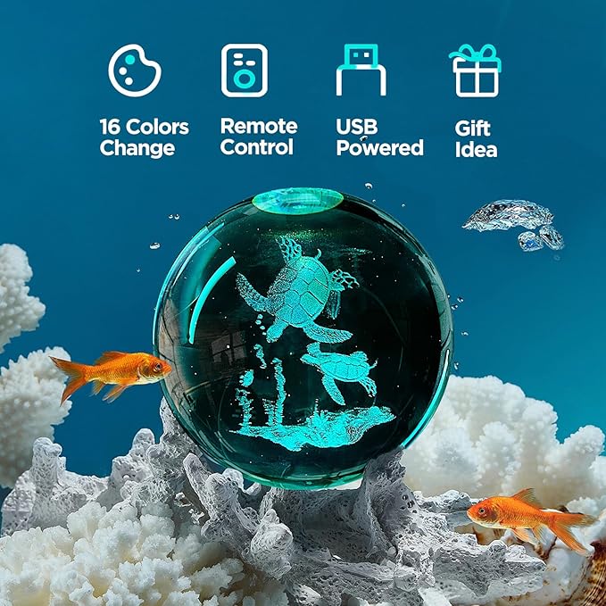 3D Sea Turtle Crystal Ball Night Light with 16 Color LED Wooden Base, Large 3.15 Inch Sea Turtle Glass Ball Lamps with Remote Cool Birthday Christmas Turtle Decor Gifts for Boys Girls Friends
