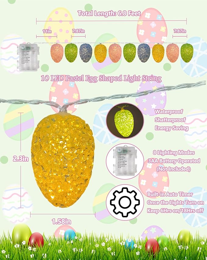 Easter Egg Lights Battery Operated 6.8Ft Easter Lights String 10 LED Egg Shaped Light with Timer, 8 Mode Pastel Decorations Light for Indoor Bedroom Home Party Fireplace Spring Themed Decor